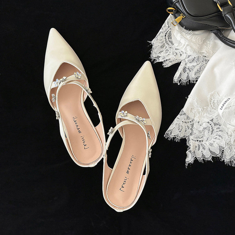 Karin Luna Elegant Pointed Toe Rhinestone Flower High Heel Mules