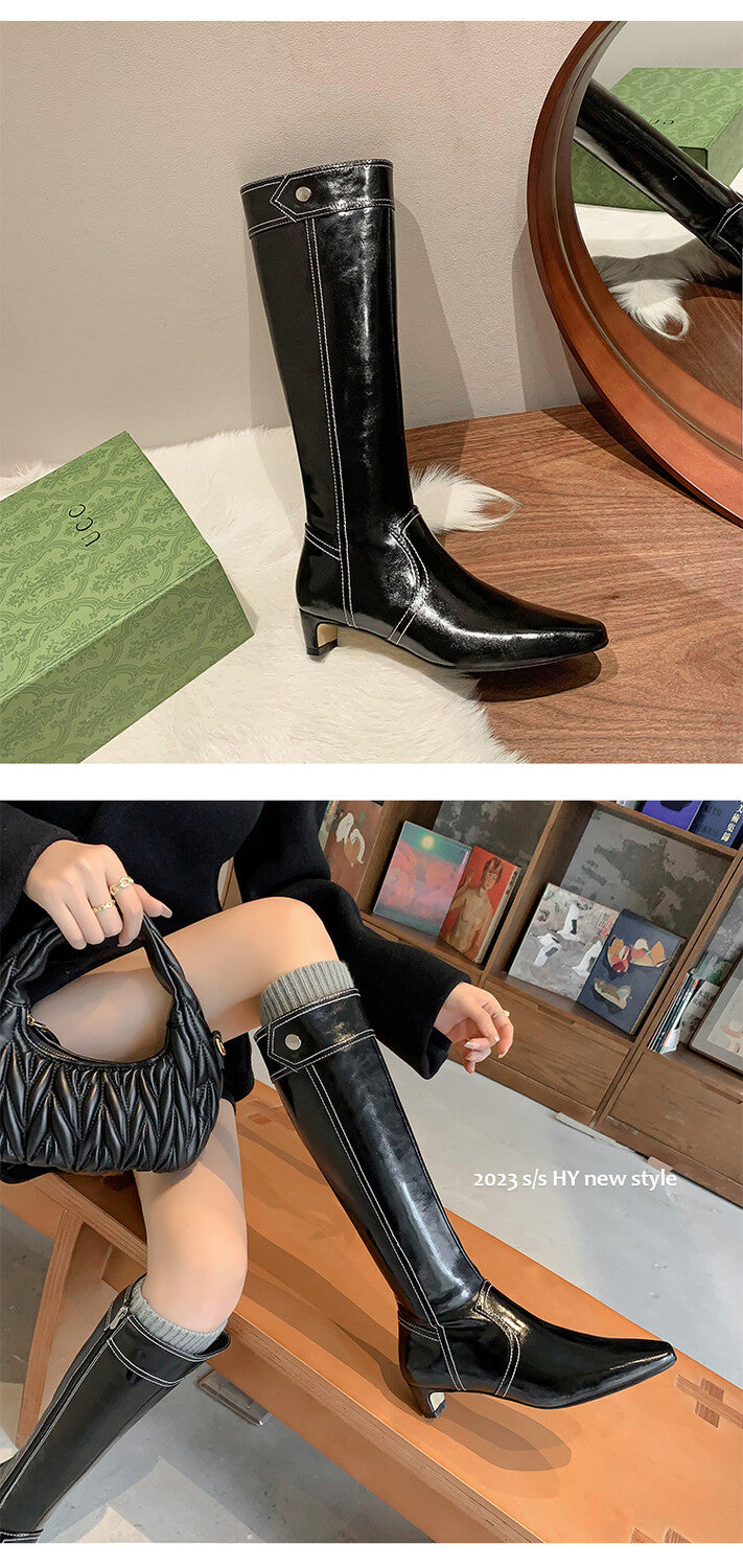 Karin Luna In Stock Spot Goods  Vintage Open Stitch Small Square Toe High Heel Side Zipper Riding Boots