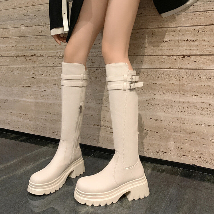 Karin Luna In Stock  Round Toe Thick Sole Casual Belt Buckle Long Boots