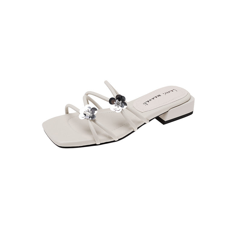 Karin Luna In Stock    Spot Goods    Square Toe One-Strap Sequin Flower Flat Slippers