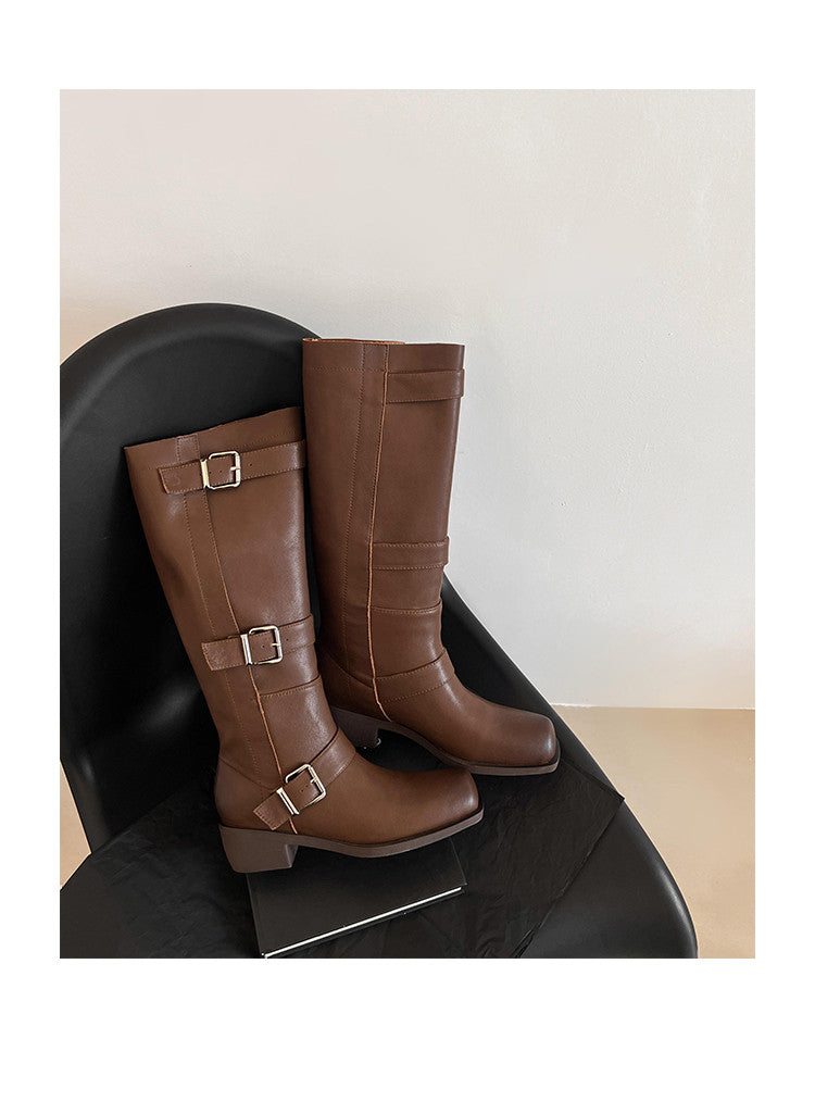 Karin Luna In Stock In Stock European and American Style Square Toe Thick Sole Belt Buckle Long Boots