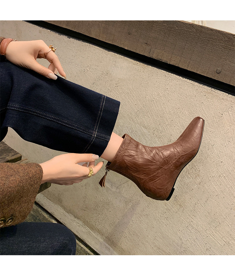 Karin Luna In Stock Spot Goods Slim Series  Hidden Wedge Small Square Toe Back Zipper Short Boots