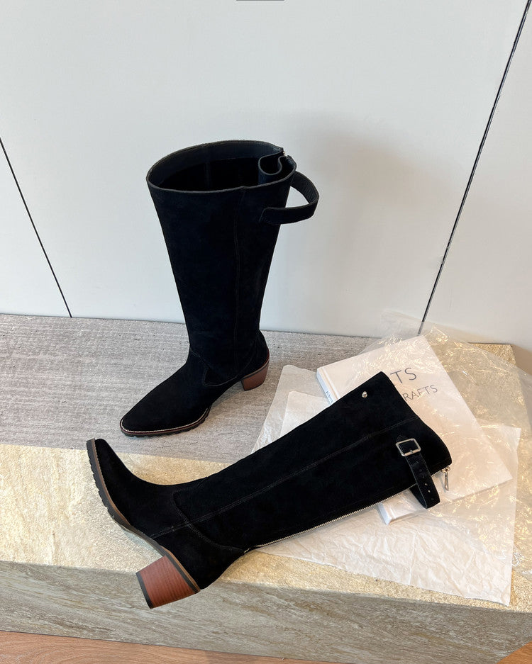 Karin Luna In Stock Spot Goods Retro Cowhide Leather Chunky Heel Suede Long Boots