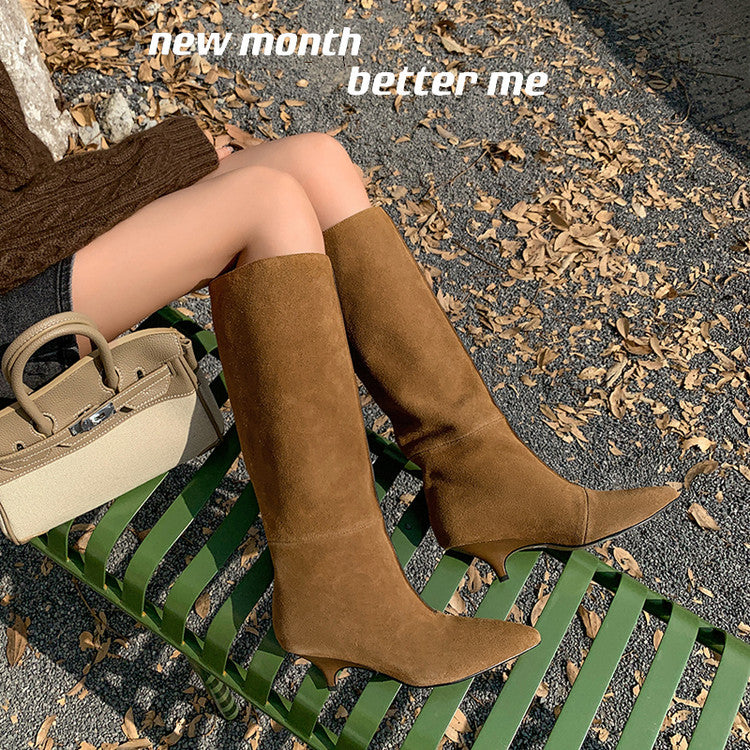 Karin Luna In Stock Spot Goods Retro Cowhide Pointed Toe Stiletto Elegant Long Boots