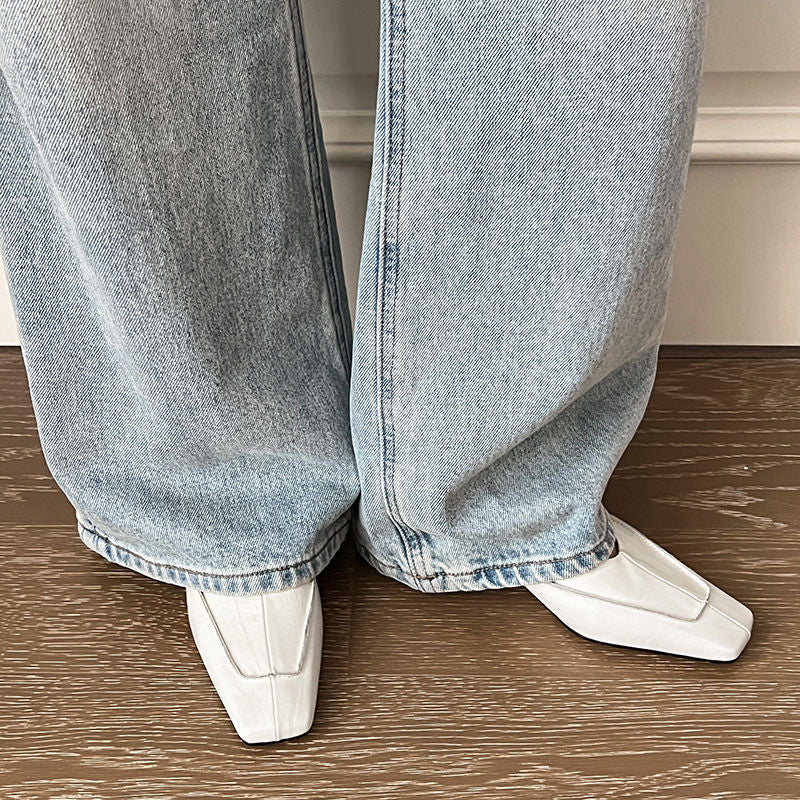 Karin Luna In Stock Spot Goods  Retro Full Leather Square Toe Shallow Mouth Single Shoes