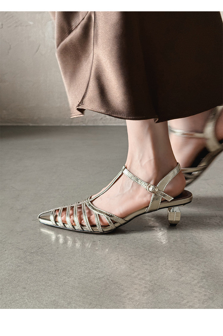 Karin Luna French Hollow Toe Metal Heel Elegant Sandals