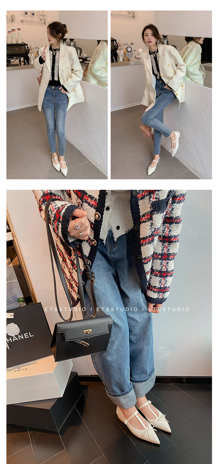 Karin Luna is a perfect Korean drama heroine~French Retro Style Full leather inside and out Pointed Bowknot