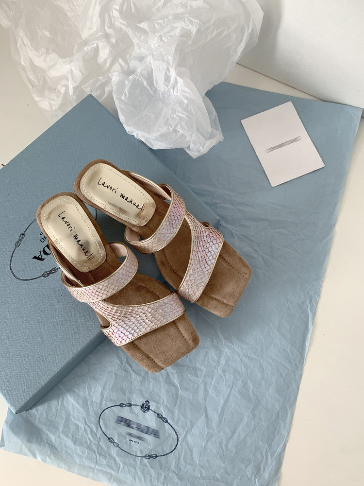 Karin Luna Fish Skin Series~Minimalist Square Toe Popular Irregular Heel Slippers