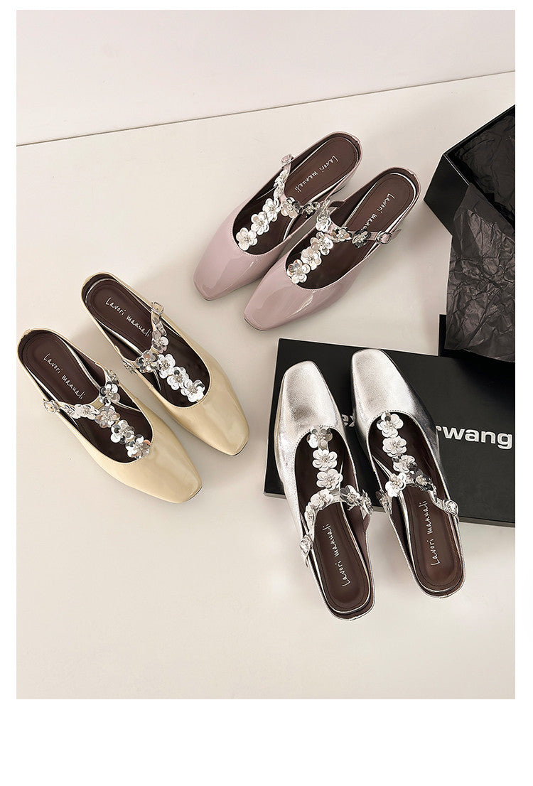 Karin Luna In Stock Spot Goods  T Handmade Sequin Flower Square Toe Height-Increasing Closed-Toe Slippers