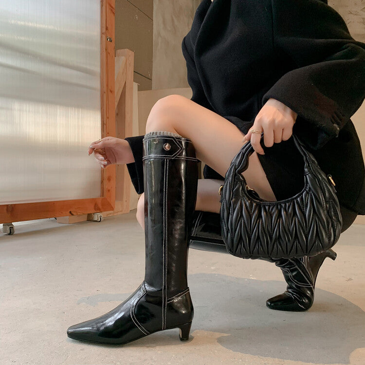 Karin Luna In Stock Spot Goods  Vintage Open Stitch Small Square Toe High Heel Side Zipper Riding Boots