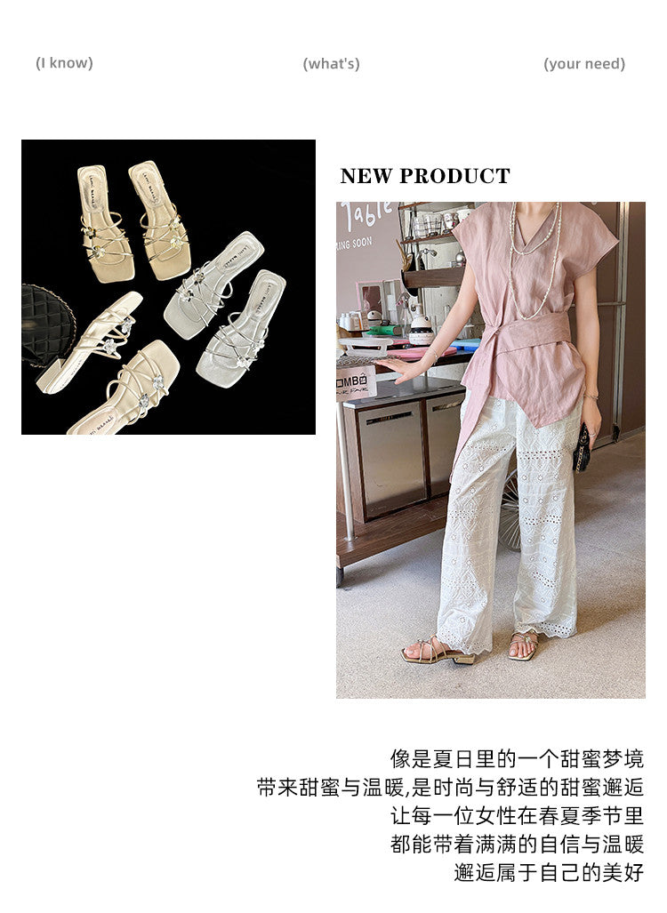 Karin Luna In Stock    Spot Goods    Square Toe One-Strap Sequin Flower Flat Slippers