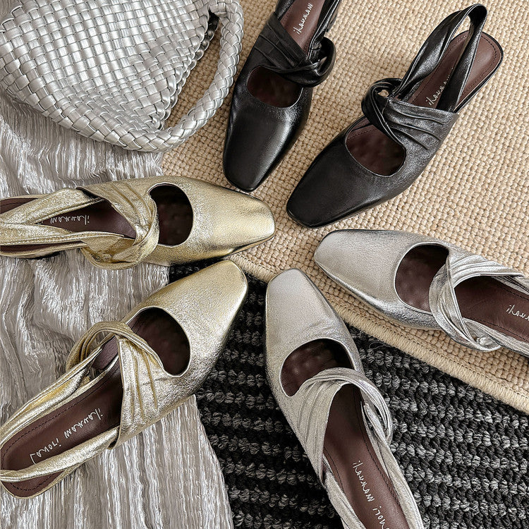Karin Luna In Stock  Spot Goods Small Square Toe Wrinkled Chunky Heel Closed-Toe Sandals