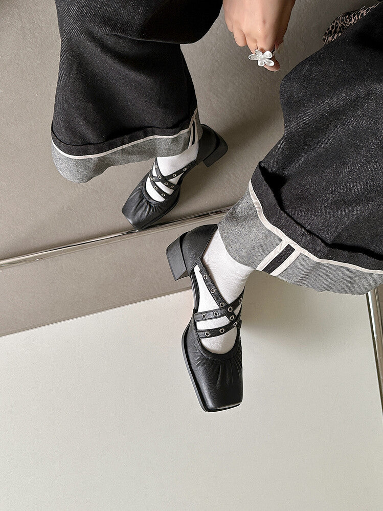 Karin Luna In Stock Spot Goods First Layer Sheepskin Cross Strap Rivet Square Toe Mary Jane Sandals