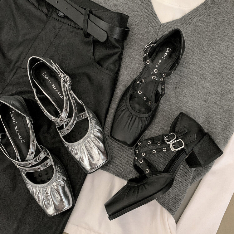 Karin Luna In Stock Spot Goods First Layer Sheepskin Cross Strap Rivet Square Toe Mary Jane Sandals