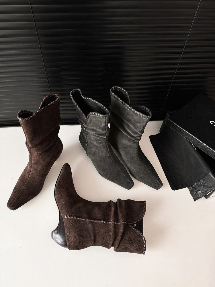 Karin Luna Small Square Toe Retro Ruched Pile Short Boots
