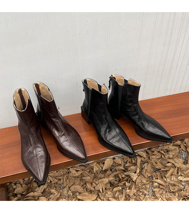 Karin Luna In Stock Spot Goods Elegant Stretch Fabric Patchwork Pointed Toe Chunky Heel Short Boots