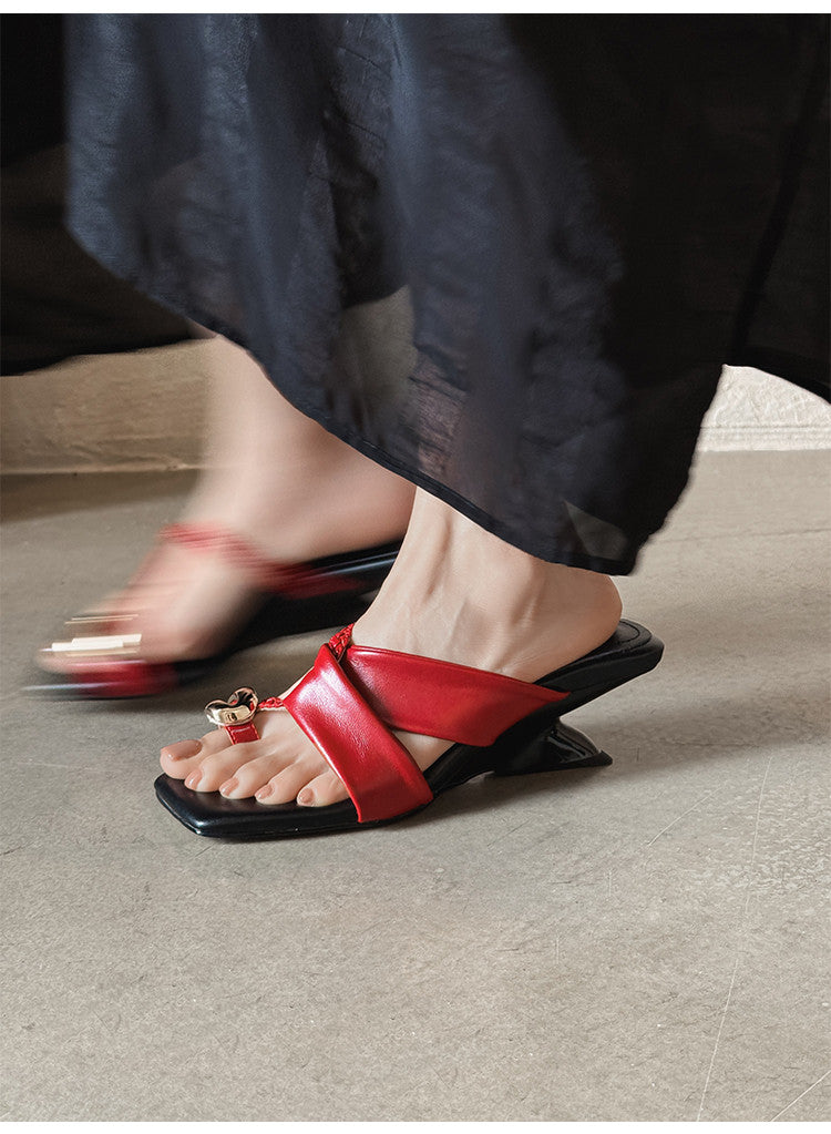 Karin Luna Braided Style ~Cross Strap Square Toe Irregular Heel Slippers