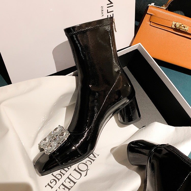 Karin Luna In Stock  Elegant Style Square Toe Rhinestone Chunky Heel Ankle Boots