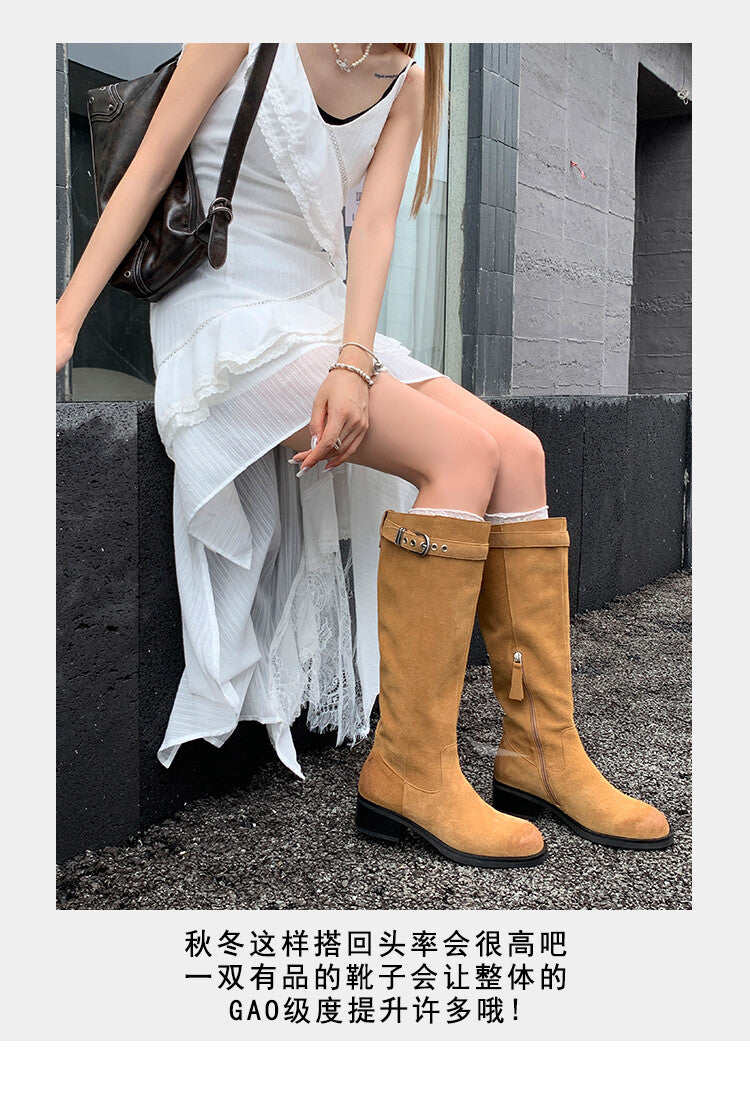 Karin Luna Chunky Heels Round Head Belt Buckle  Fashionable Suede Boots