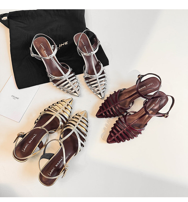 Karin Luna French Hollow Toe Metal Heel Elegant Sandals