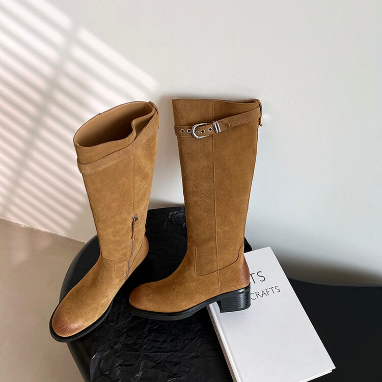 Karin Luna Chunky Heels Round Head Belt Buckle  Fashionable Suede Boots