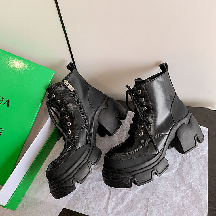 Karin Luna Casual Thick Sole Full Cowhide Lace-up Thick-soled Short Boots   Classic All-Matching