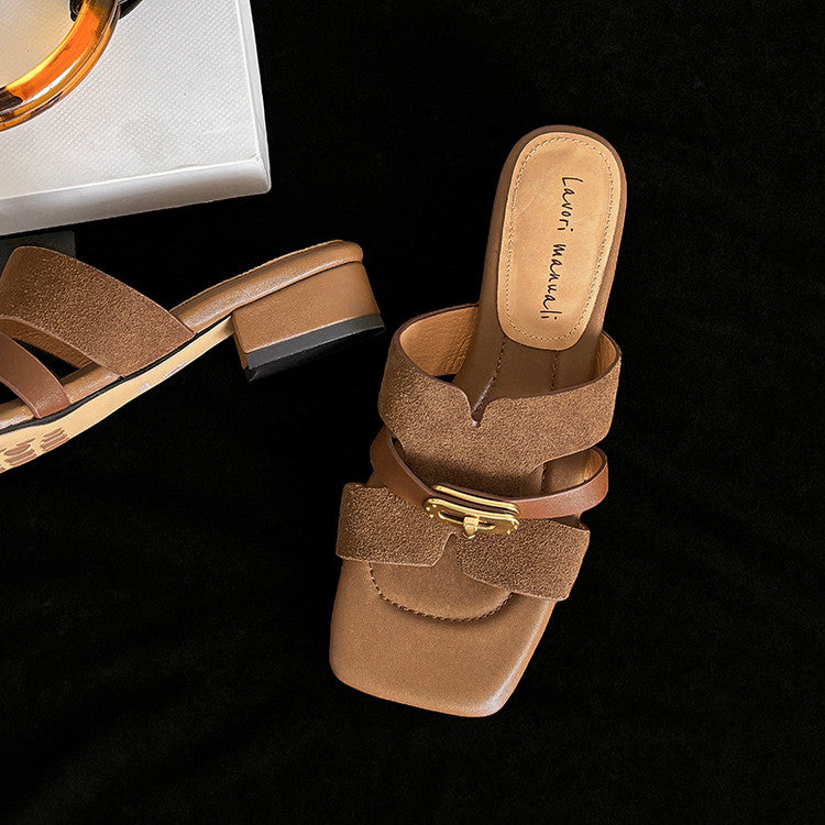 Karin Luna Comfortable Gold Buckle Square Toe Chunky Heel Casual Style Slippers