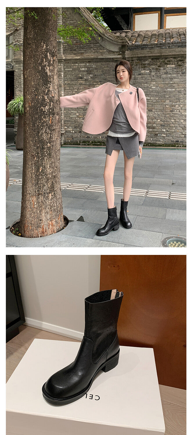 Karin Luna In Stock Spot Goods  Full-grain leather inside and out   Minimalist Texture  Round Toe Flat Bottom Basic Short Boots