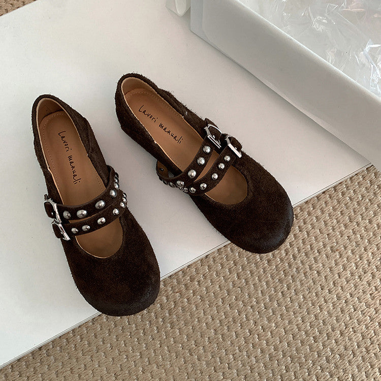 Karin Luna Hot Item Hot Item Punk Style One-Strap Round-Toe Suede Leather Height-Increasing Flats