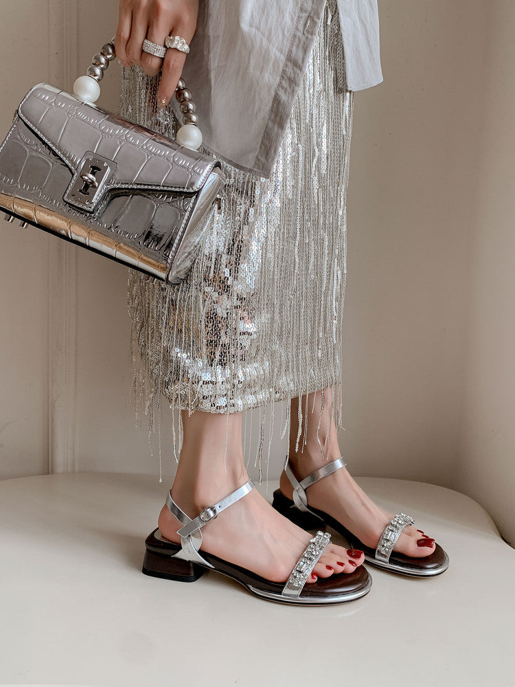 Karin Luna In Stock In Stock  Rhinestone Strap Round Toe Chunky Heel Sandals