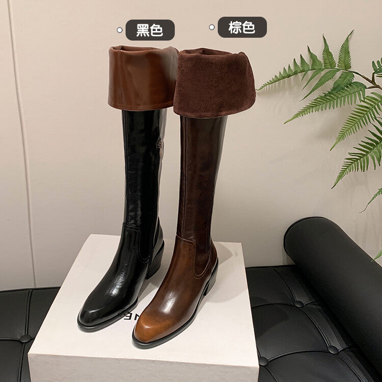 Karin Luna exploded  Three versions exploded Single Fleece Lining Fur Collar Version  Thick Fur Collar Foldable Hot-Selling Full Cowhide Pointed Toe Chunky Heel Classic Style