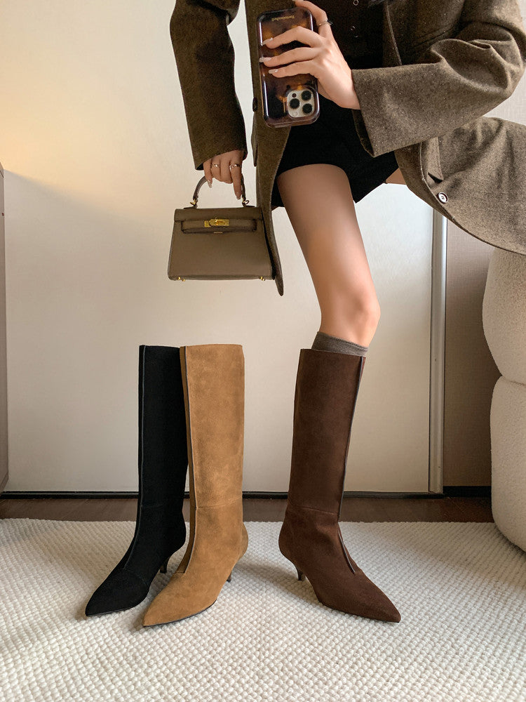 Karin Luna In Stock Spot Goods Retro Cowhide Pointed Toe Stiletto Elegant Long Boots