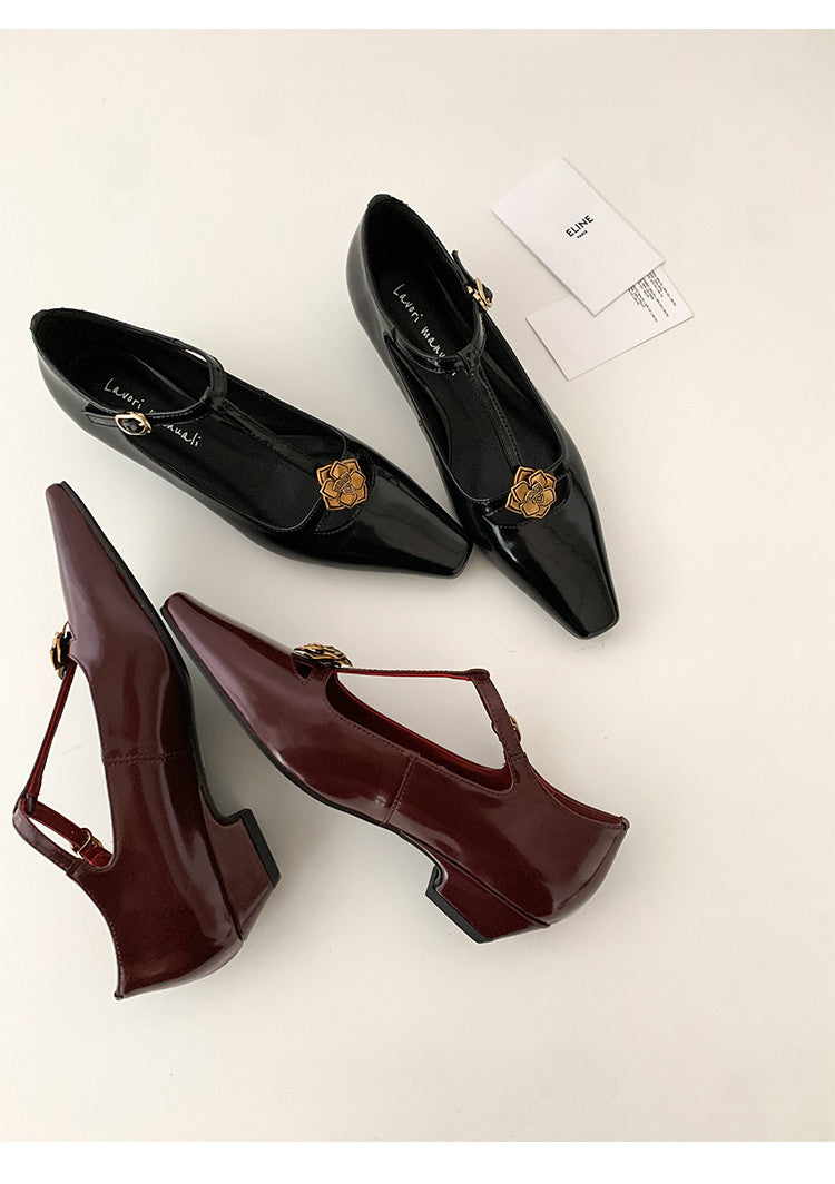 Karin Luna In Stock Spot Goods    Retro Classic Metal Camellia Irregular Heel Single Shoes