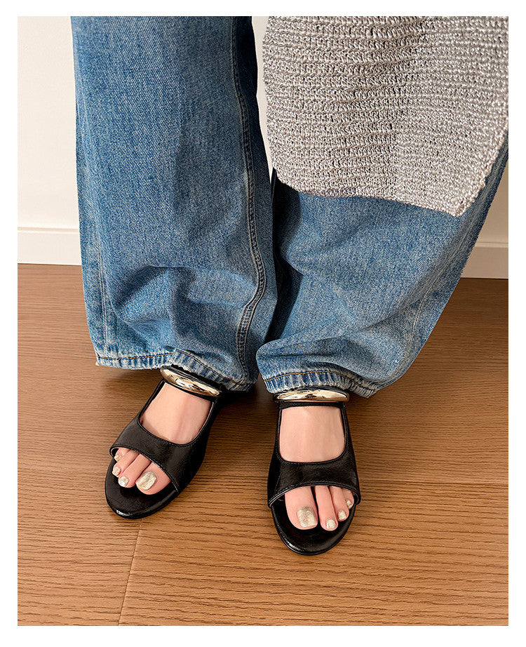 Karin Luna In Stock Spot Goods  Metal Buckle Round Toe Strap Slippers
