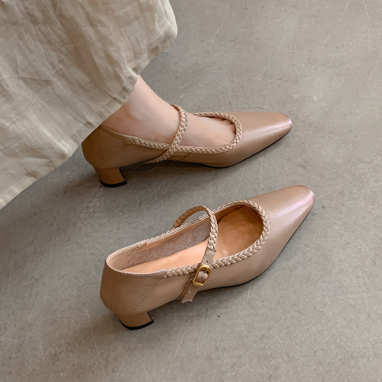 Karin Luna Braided Element Design Chunky Heel Square Toe Single Strap Shoes