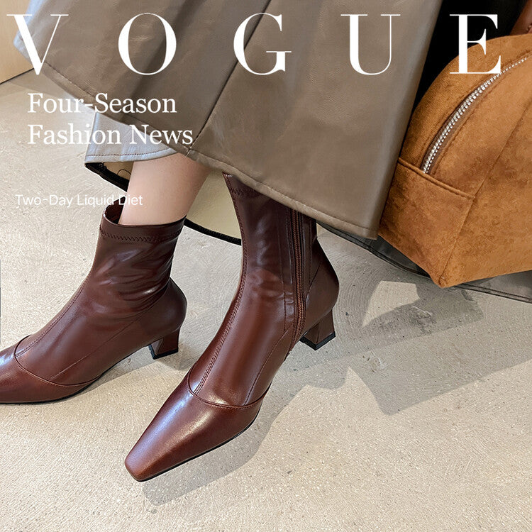 Karin Luna Elegant Small Square Toe Chunky Heel Slim Boots