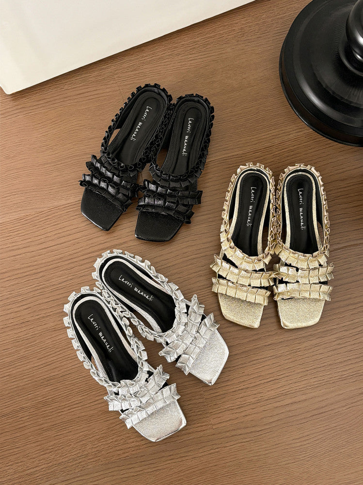 Karin Luna In Stock   Spot Goods  Niche Design Square-Toed Pleated Flat Slippers