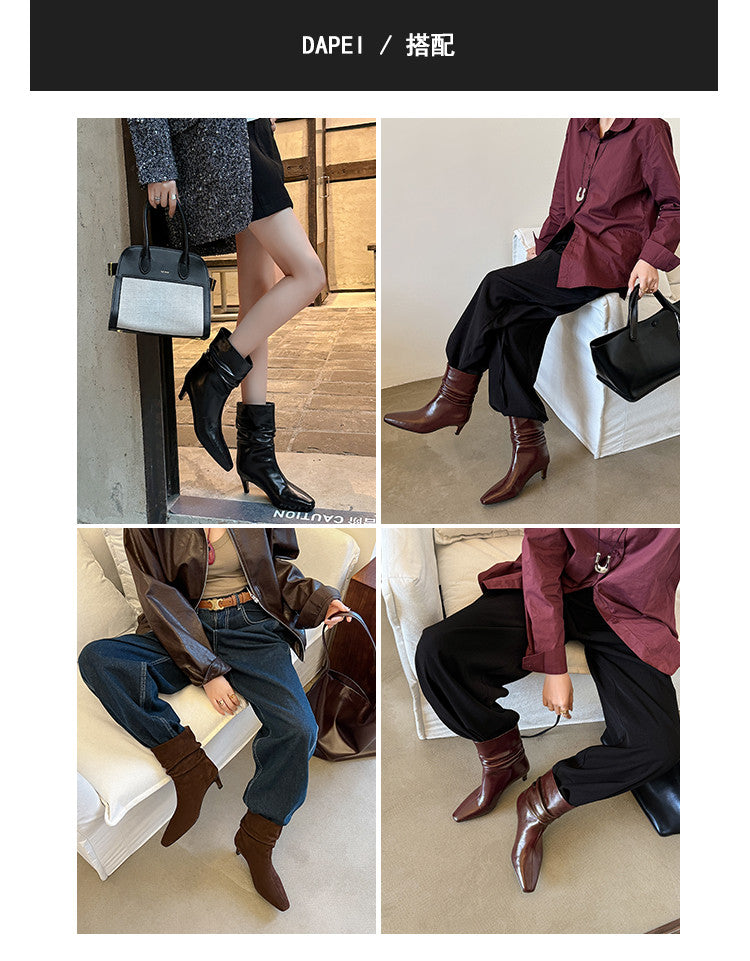 Karin Luna In Stock Spot Goods  Retro Wrinkled Small Square Toe Short Boots
