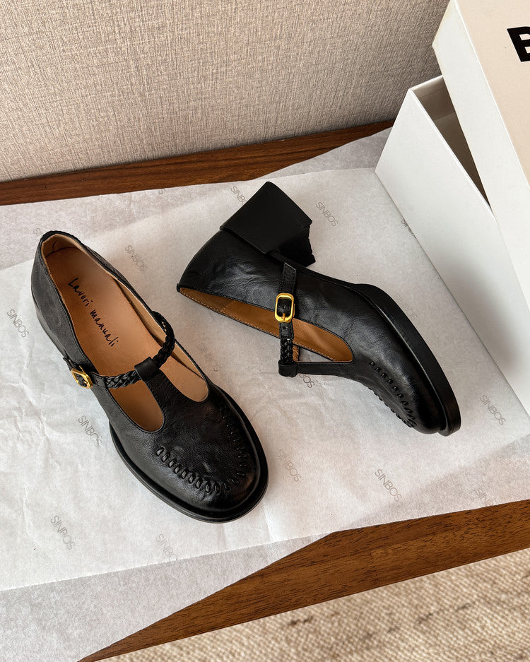 Karin Luna In Stock Spot Goods Vintage Braided Twist High Heels T Round Toe Thick Sole Single Shoes