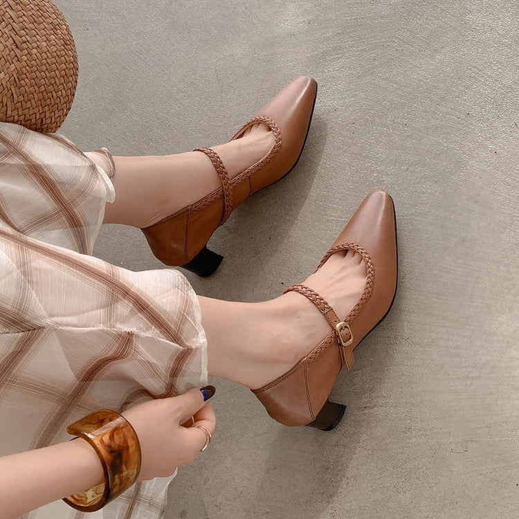 Karin Luna Braided Element Design Chunky Heel Square Toe Single Strap Shoes