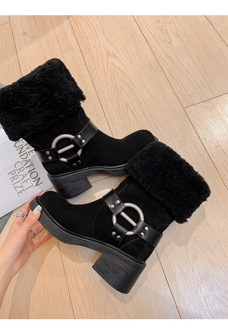Karin Luna Genuine Lamb Wool and Cowhide Leather Hot-selling Metal Buckle Round Toe Chunky Heel Main Push Main Push