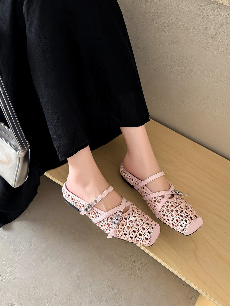 Karin Luna In Stock Spot Goods  Hot-Selling Square-Toe Woven Pig Nose Closed-Toe Slippers