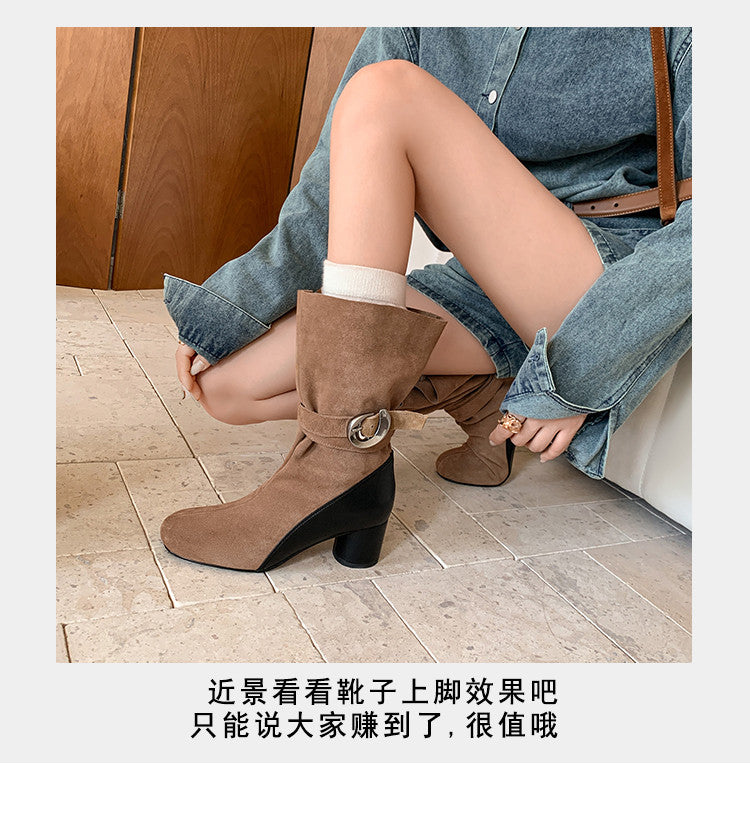 Karin Luna In Stock Spot Goods  Belt Buckle High Heel Large Tube Small Short Boots