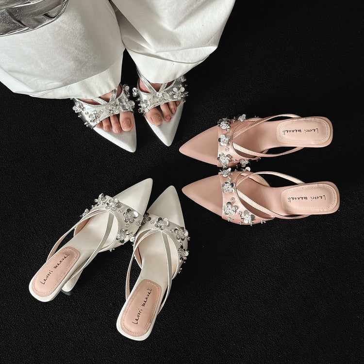 Karin Luna Bestseller Sequin Elements Elegant Pointed Toe Irregular Heel Slippers