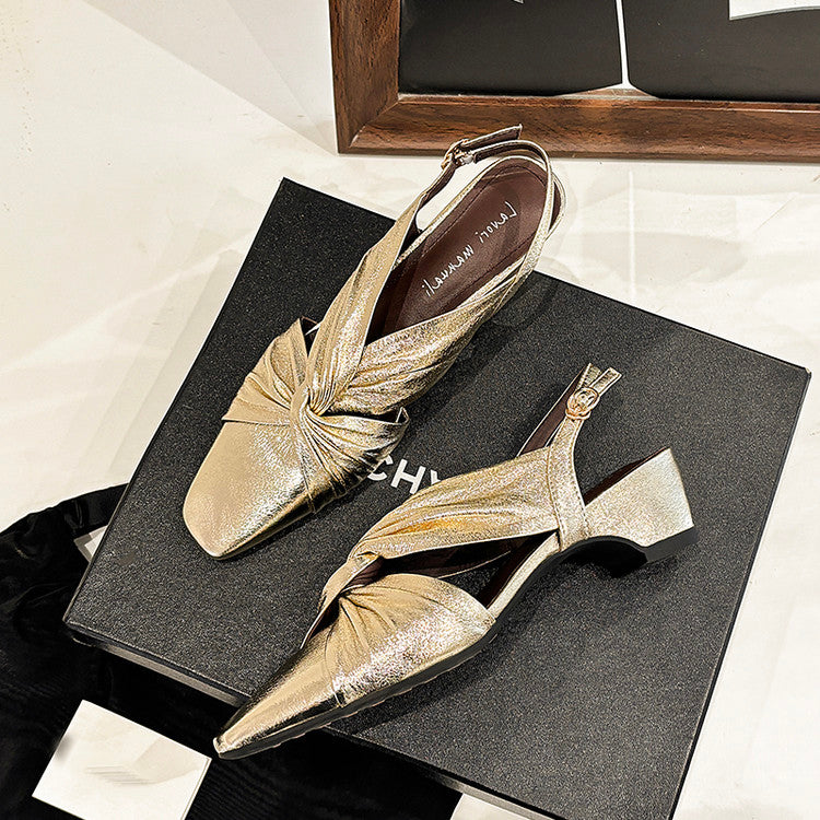 Karin Luna French Retro Wrinkled Small Square Toe Elegant Closed-Toe Sandals