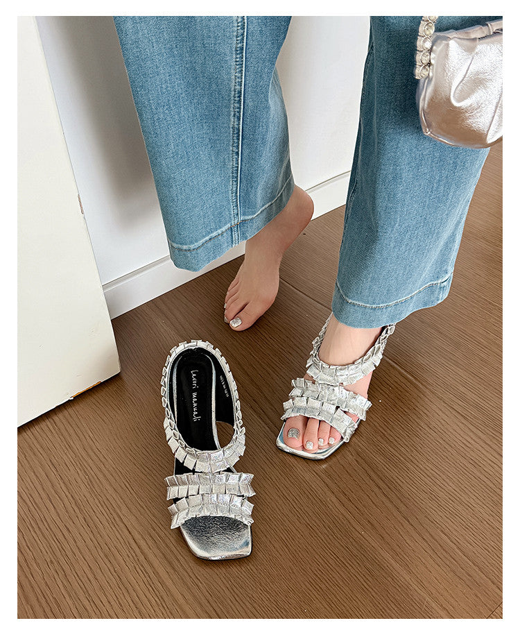 Karin Luna In Stock  Spot Goods  Unique Square-Toe Pleated Lace Sandals