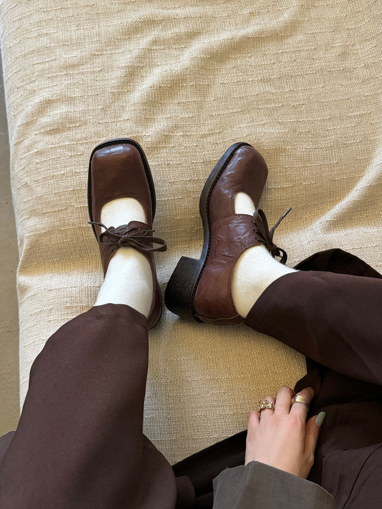 Karin Luna In Stock Spot Goods   Full leather inside and out Vegetable Tanned Hand-Grabbed Sheepskin Square-Toed Chunky Heel Single Shoes