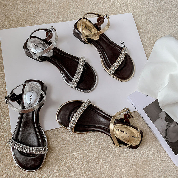 Karin Luna In Stock In Stock  Rhinestone Strap Round Toe Chunky Heel Sandals