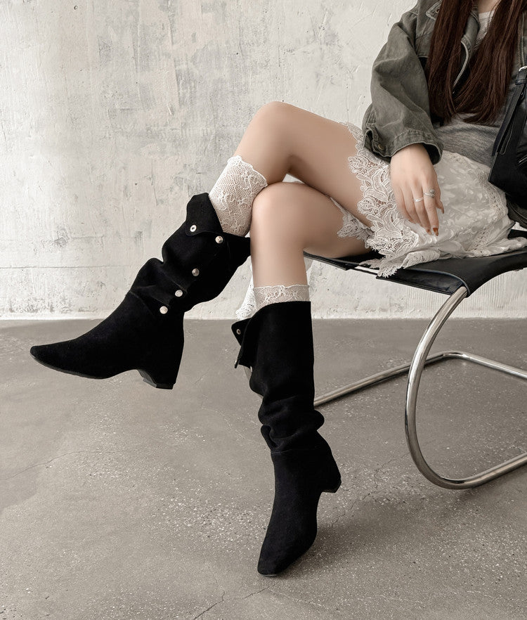 Karin Luna Bestseller Hot-Selling Hidden Buckle Lazy Style Square-Toe Height-Increasing Suede Western Boots