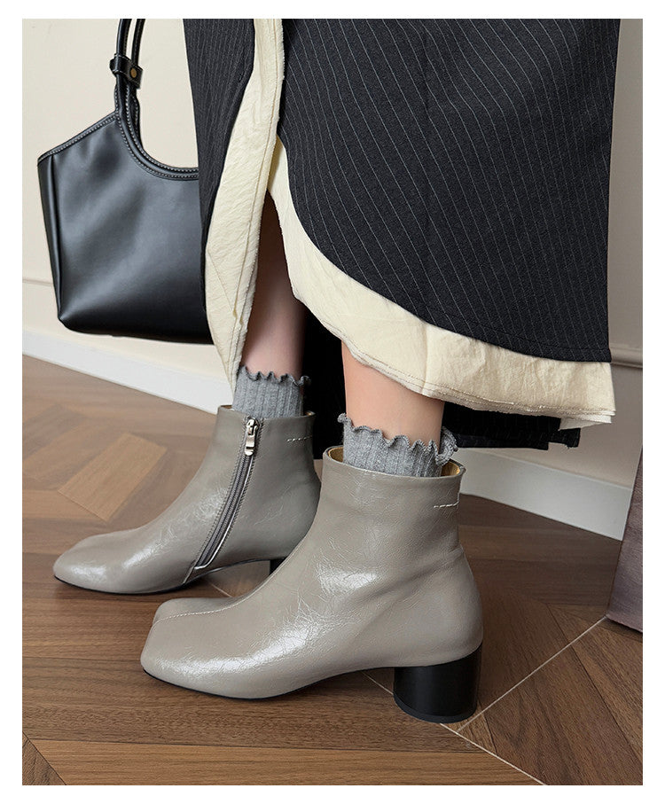 Karin Luna French Style Square Toe Chunky Heel Ankle Boots